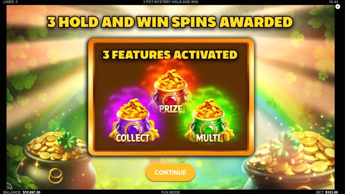 Tampilan visual slot 3 Pot Mystery Hold and Win dengan simbol emas dan pot misterius.