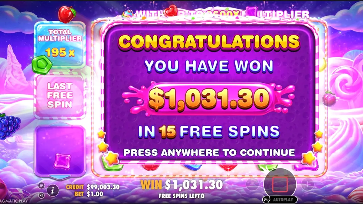 Tampilan visual penuh warna dari slot Sweet Bonanza 2500 dengan simbol permen dan buah-buahan.