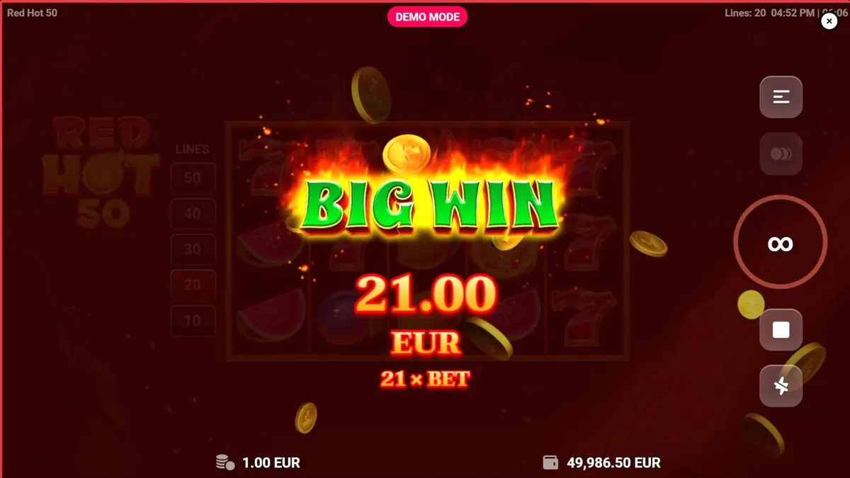 Tampilan visual slot Red Hot 50 dengan tema buah dan api